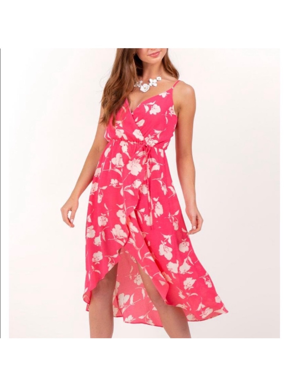 Pink Floral High-Low Slip Dress with Draped Neckline size M